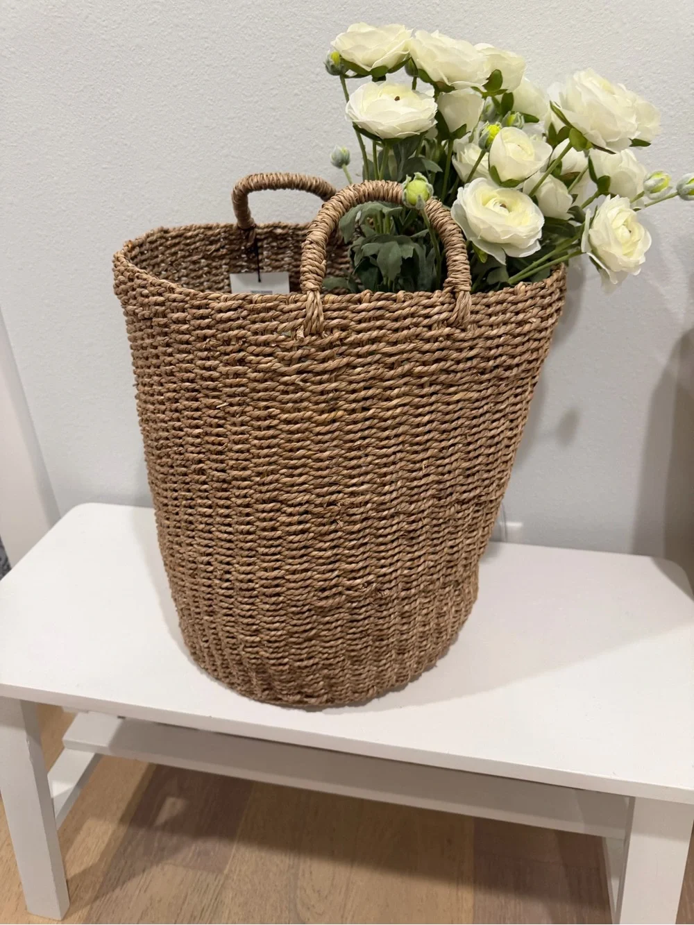 Woven Seagrass Storage Basket with Handles Artificial Flowers